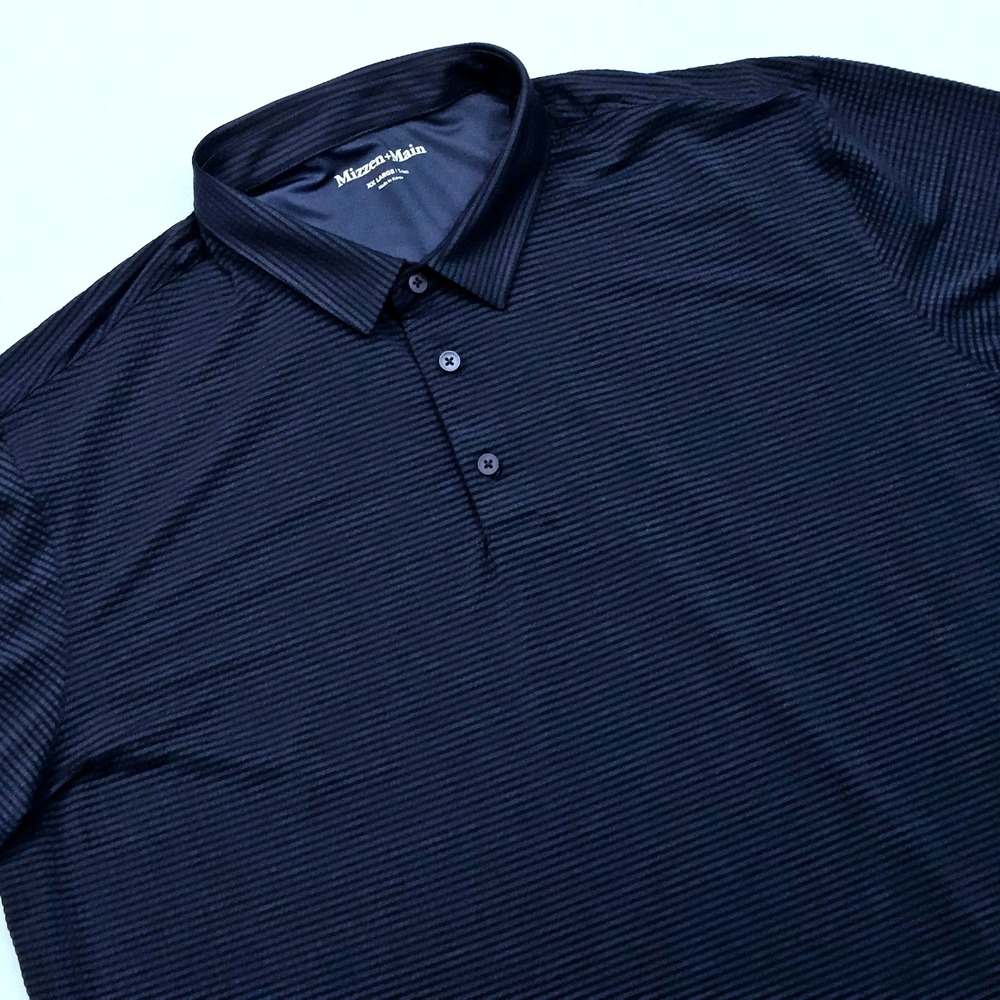 Mizzen‎ Main Polo Shirt Mens XXL Navy Blue Striped Trim Fit Performance Golfcore